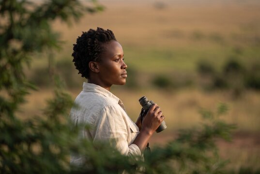 Black female tourist or safari guide holding binoculars while looking across the African savanna landscape during golden hour