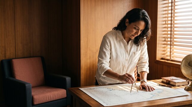 Focused female navigator using drawing compass on a vintage nautical map in a cozy wood-paneled office