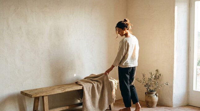 Young woman touching a soft blanket on a rustic wooden bench in a bright, modern minimalist room illuminated by warm sunlight
