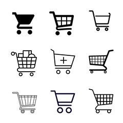 Set of nine black minimalist shopping cart icons on a transparent background PNG for e-commerce website design and digital retail user interfaces. applications © Paper Art