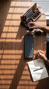 Top view of a man reaching for wireless headphones at an organized wooden desk workspace illuminated by warm natural sunlight streaming through blinds