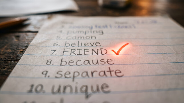 Red checkmark on a spelling test paper showing a correct answer for school education