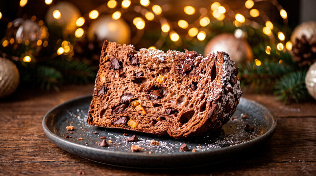 Slice of chocolate Christmas bread with a background of lights and Christmas ornaments.