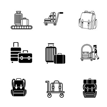 Set of travel luggage icons and airport baggage symbols in black and white vector style with transparent background PNG for tourism and transportation design projects..