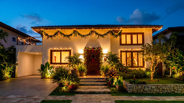Modern house with a festive look, decorated with Christmas lights at dusk.