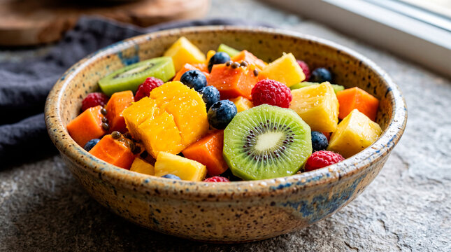 Fresh Tropical Fruit Salad in a Rustic Bowl