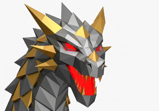 Low poly dragon head with gold and grey geometric scales