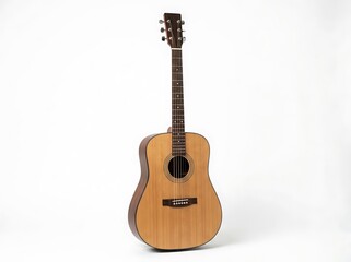Obraz premium Natural wood acoustic guitar standing upright isolated on white background