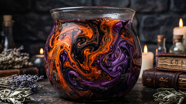 Halloween magic potion in glass bowl with orange and purple swirling liquid smoke effect