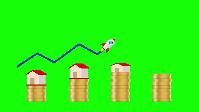 Animation showing real estate market growth with skyrocketing house prices, rocket trend line, and coin stacks on a chroma key green screen background.