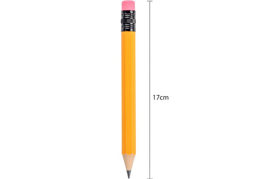 Yellow wooden pencil with pink eraser measuring seventeen cm