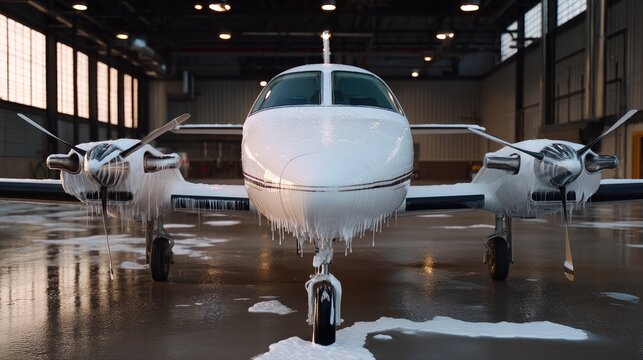 Classic twin engine aircraft getting washed inside a hangar with soap suds covering the fuselage and wings