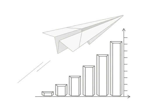 Paper plane flying over a growing business bar chart