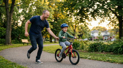 Fototapeta premium Happy Father's Day Dad Teaching Little Son Riding Bicycle Outdoors Park, Joyful Parenting Moments Smiling Caucasian Man Supporting Happy Boy Learning Cycling Skill, Dia Dos Pais, pai e filho viagem