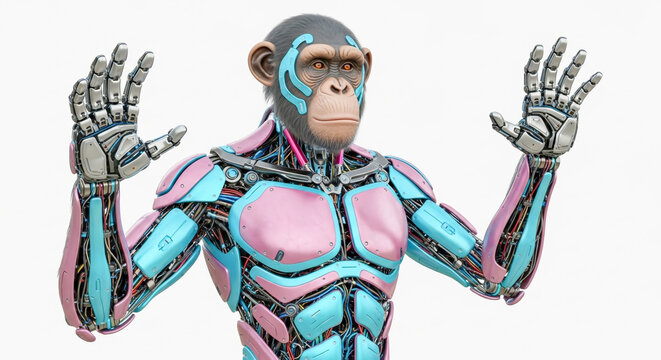 Futuristic robot chimpanzee with metal arms raised up