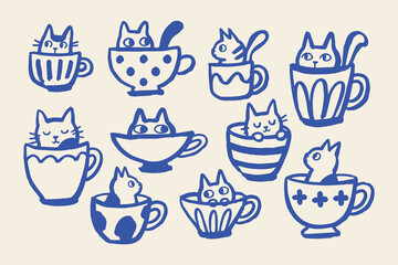 Fototapeta na wymiar Cats in Cups Naive Style Vector Set Illustration