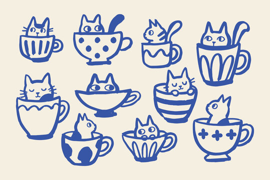 Cats in Cups Naive Style Vector Set Illustration