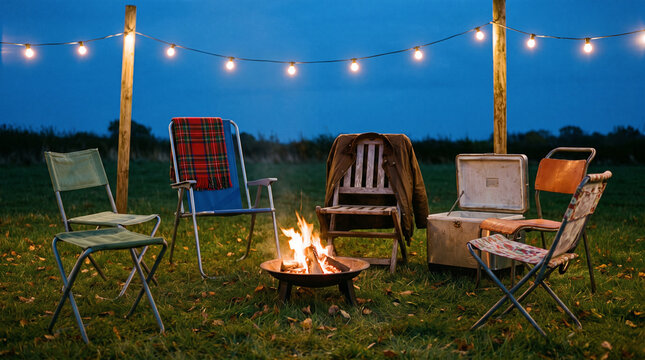 Mismatched folding chairs around a fire pit under string lights at dusk in autumn