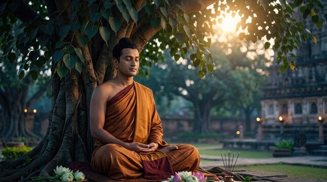Spiritual Buddha enlightenment: Gautama meditation, Bodhi tree, serene monk, lotus flower, temple dawn, incense smoke, sacred pose, peaceful morning, orange robe.
