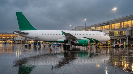 Fototapeta premium Commercial passenger airplane parked at an airport terminal gate during a rainy evening with wet tarmac reflections and ground crew working.