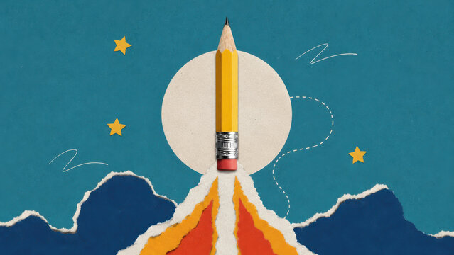 Yellow pencil launching like a rocket over torn paper mountains, symbolising education, creativity and student success in school learning