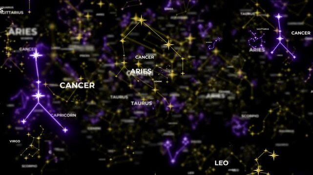 3D flight through a star field featuring golden colored zodiac constellations that briefly glow purple as they form. Abstract space background animation for astronomy, astrology, and spiritual themes