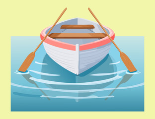 Wooden Rowing Boat Paddling On Sea Water Surface Ocean Waves Vector © First