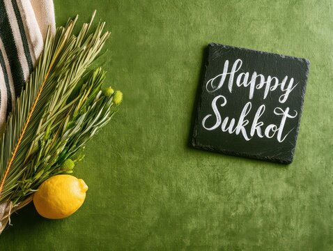 Happy sukkot greeting with citrus fruit and greenery on green background
