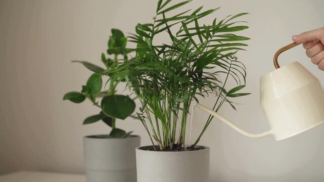 Close up of a hand watering a green parlor palm houseplant in a minimalist concrete pot with a stylish white watering can.