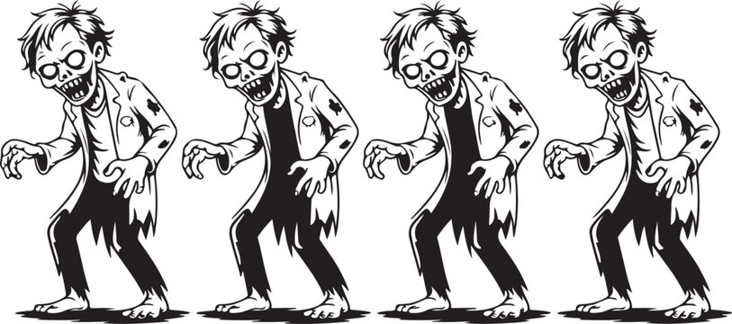 Cartoon zombie scientist silhouette in eerie glowing mad science lab experiment setting