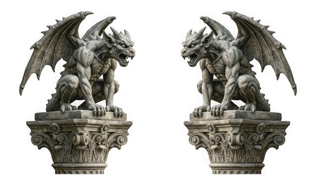 Two stone gargoyle statues on ornate columns isolated on transparent background