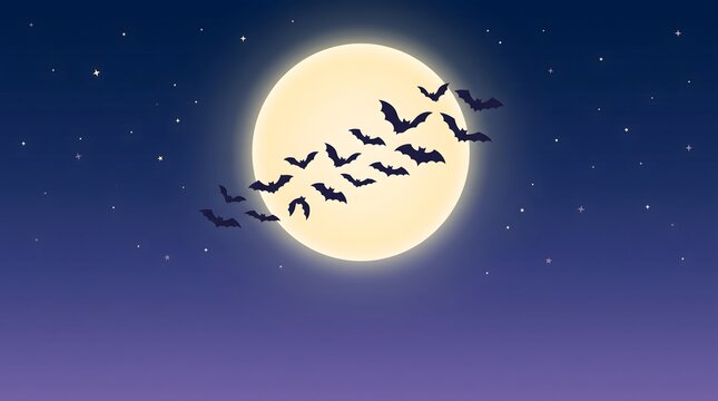 Silhouetted bats flying across a bright full moon in a dark night sky