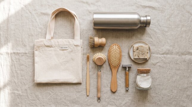Eco friendly zero waste products flat lay layout on a neutral textile background with reusable bag