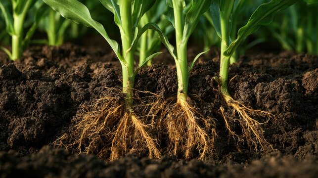 Close view of young corn plants with roots in fertile soil showing growth and development in a farm setting