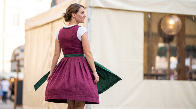 Woman wearing a traditional dirndl dress with a green apron outdoors  