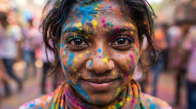 A young indian woman smiling with her face covered in colorful powder during the holi festival