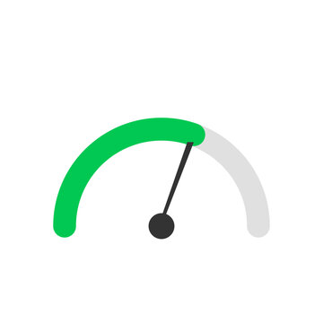 Minimalist green and gray speedometer gauge icon showing high performance progress level isolated on a white background