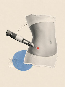Weight loss injection banner background showing body transformation and glp-1 medication pen in paper collage style
