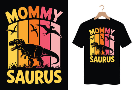 Mommy saurus t-shirt design with dinosaur silhouette, birds, and striped background for mothers