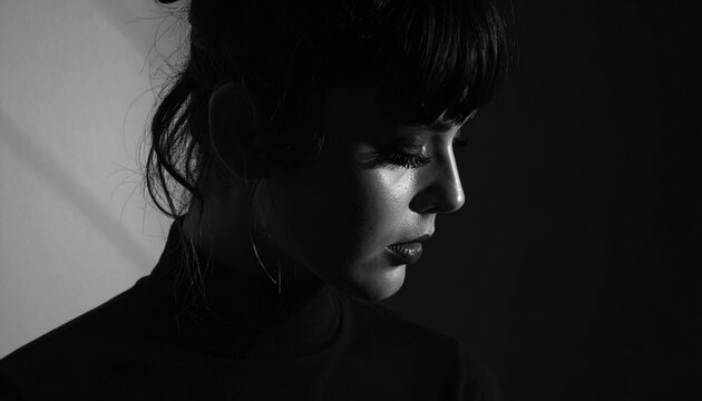 Melancholic low key black and white portrait of a young woman looking down in shadow
