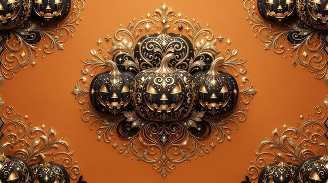 Seamless Luxury Gold and Black Pumpkin Pattern on Orange Background