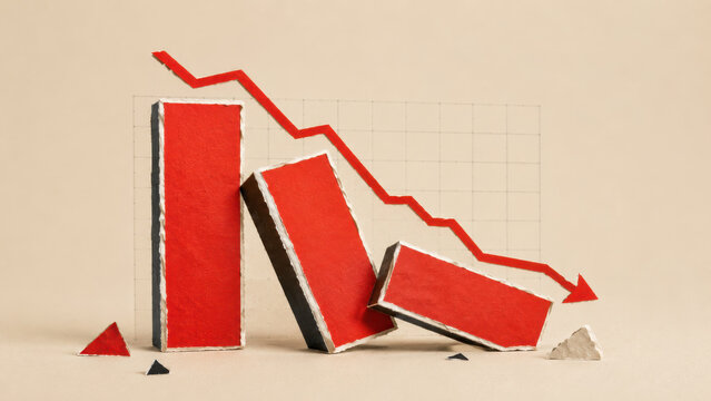 Falling red financial arrow and collapsing chart showing stock market decline, investment loss and economic downturn