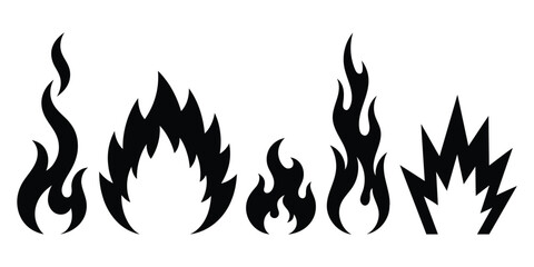 Naklejka premium Classic black flame silhouette collection with varied fire shapes, ideal for tattoo, logo, decal and design projects.