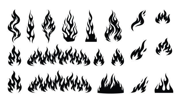 Classic black flame silhouette set in old school tattoo style, featuring varied fire shapes for cars and decals.