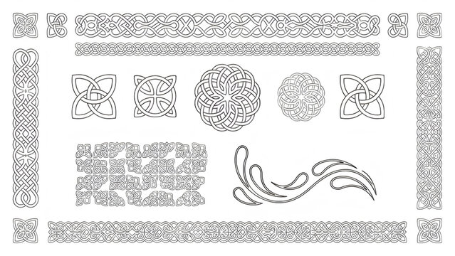 Set of celtic knotwork patterns, borders, and decorative elements isolated on transparent background