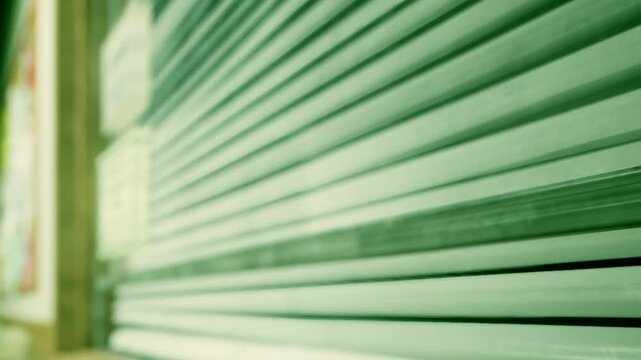 A close view of a metal shutter that is shut. There are signs on the wall next to the store. The lighting suggests it is daytime.