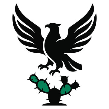 Mexican eagle landing on a nopal cactus emblem for Mexico Independence Day celebration