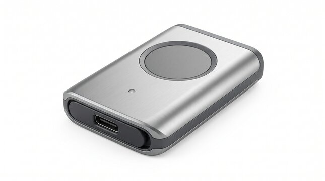 Portable external storage device with a circular metallic center and usb-c port isolated on a white background, for digital data, backup solutions