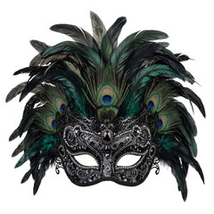 Venetian masquerade mask adorned with peacock feathers and sequins