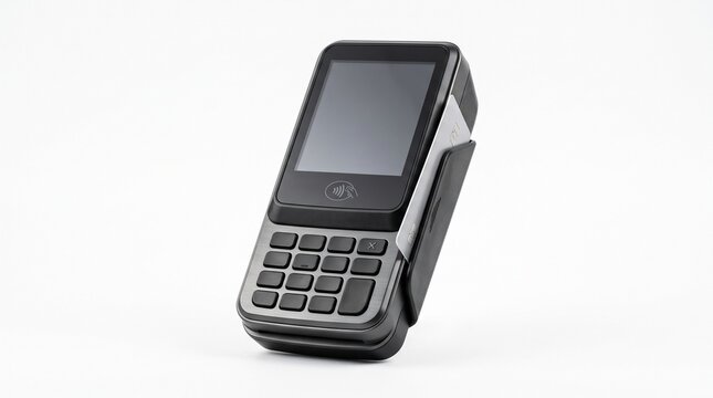 Handheld electronic payment terminal with a numeric keypad and touch screen display isolated on a white background, for retail transaction use